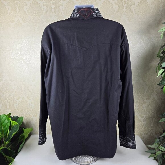 Milano Moda Size 2XL Button Up Shirt Black with White Brown Embroidery - Picture 8 of 13